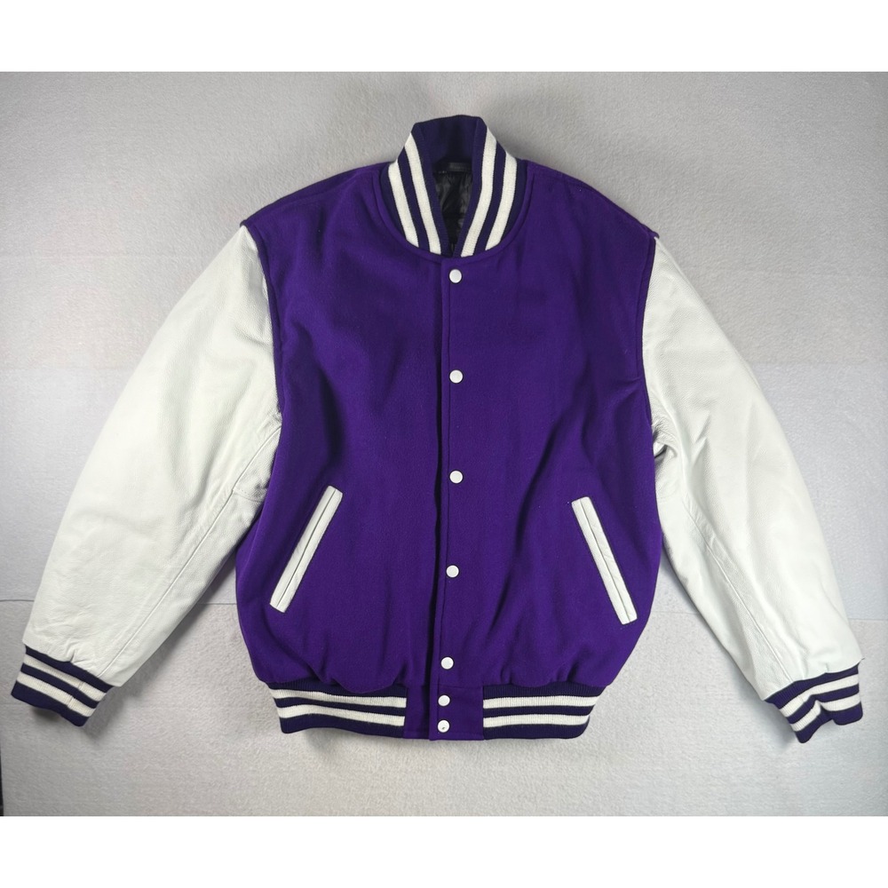 Stewart & Strauss Varsity Jacket Purple Wool White Leather Sleeves Mens XL
